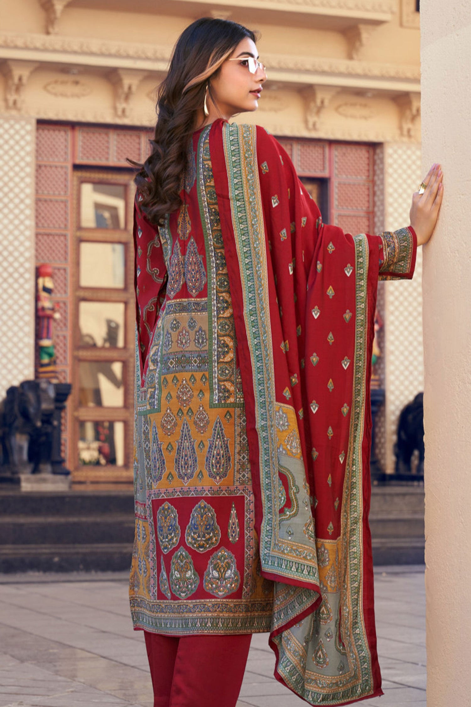 Art Silk Red Designer Straight Cut Salwar Suit