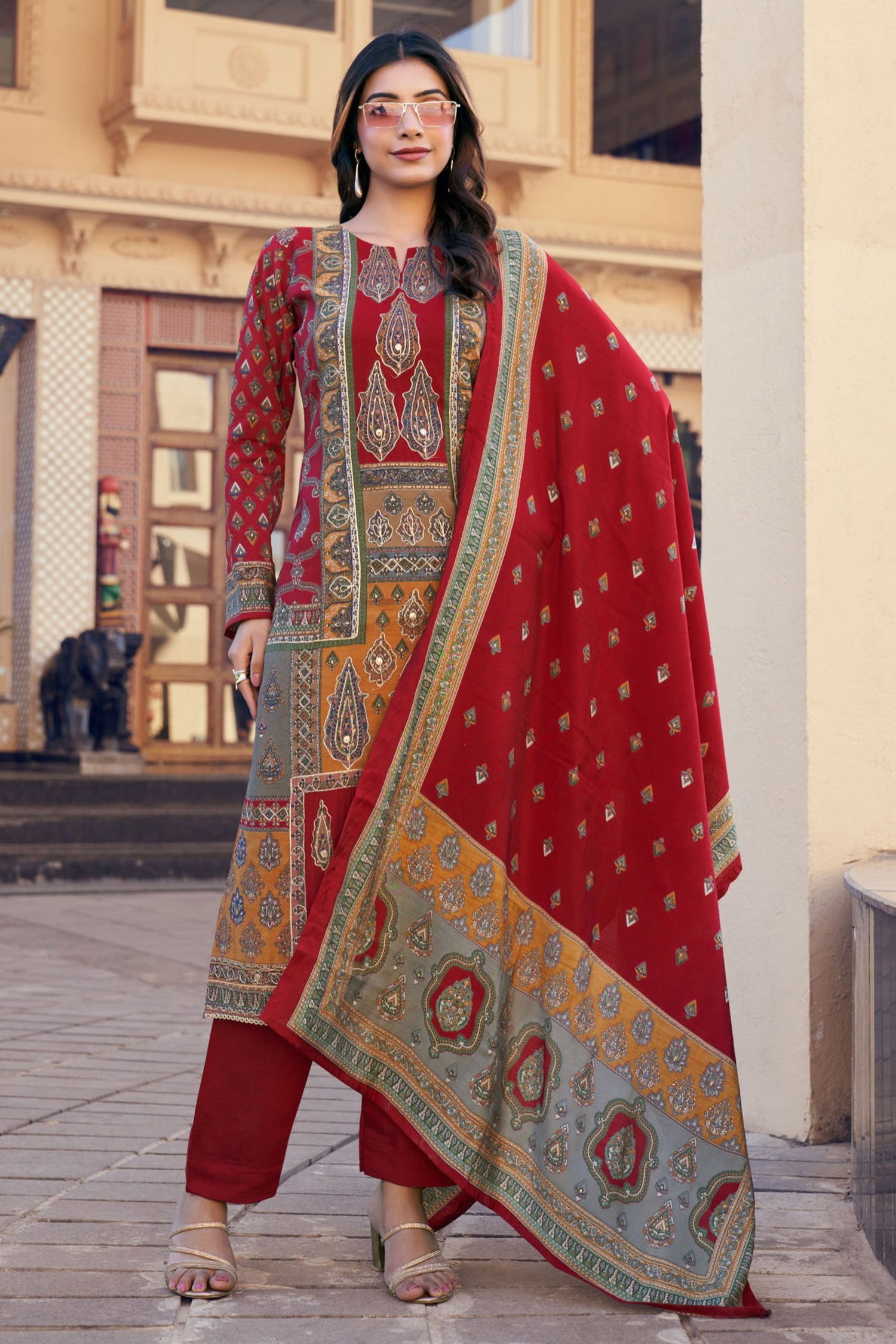 Art Silk Red Designer Straight Cut Salwar Suit