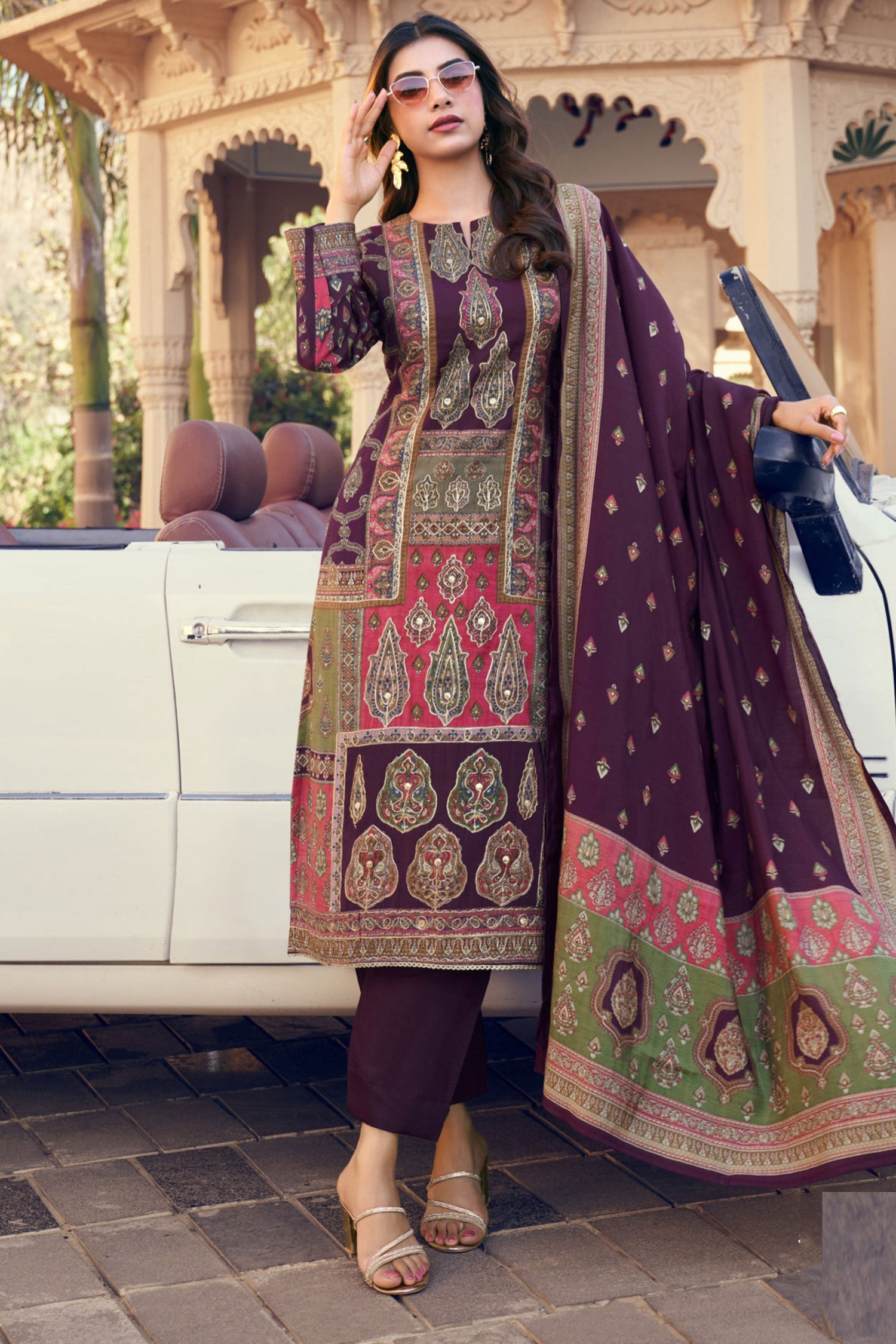 Purple Art Silk Straight Cut Suit With Dupatta