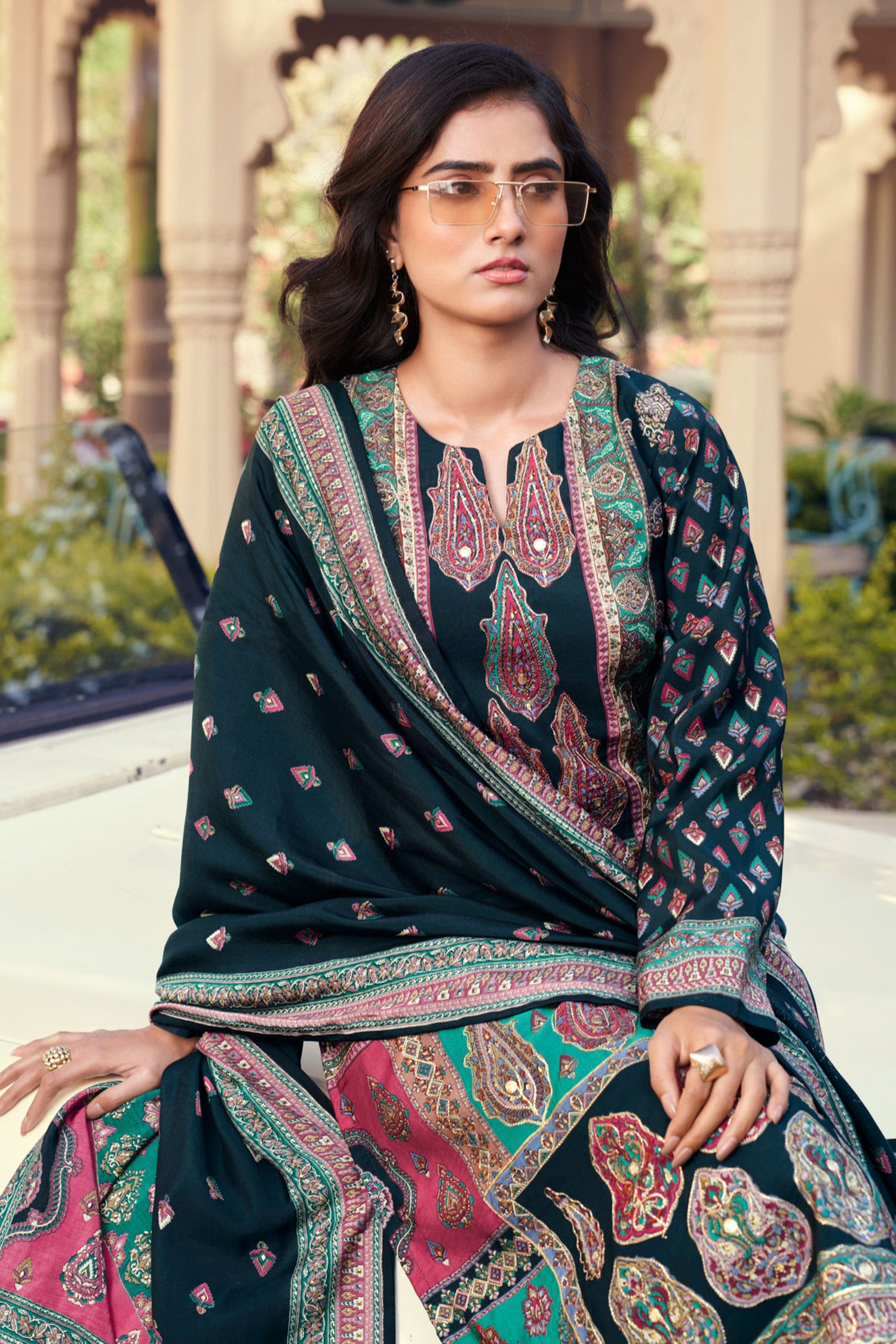 Art Silk Printed Teal Designer Straight Cut Suit