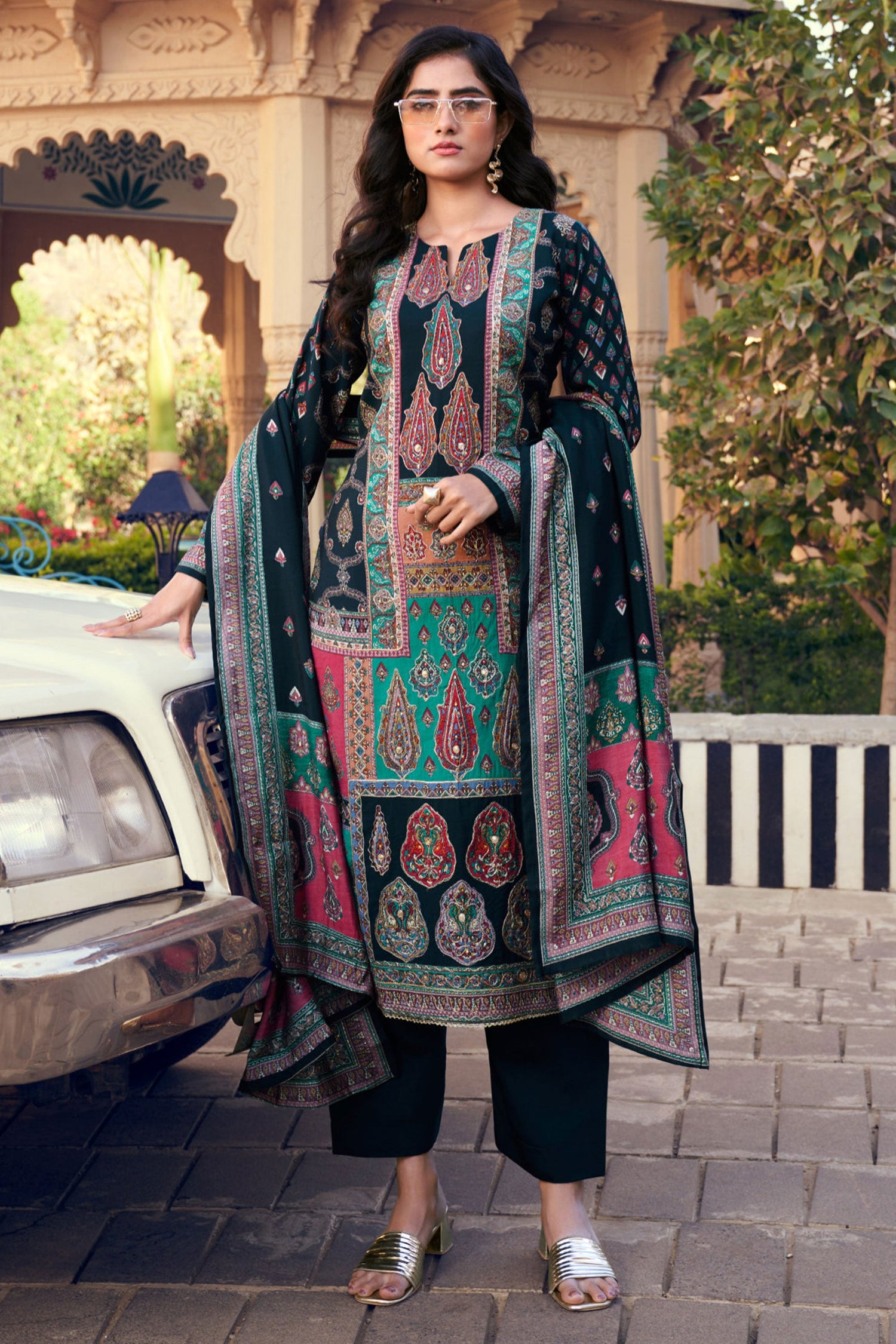 Art Silk Printed Teal Designer Straight Cut Suit