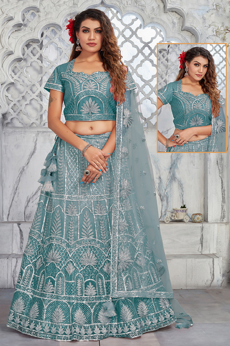 Net Teal Patterned Lehenga With Embroidred Work