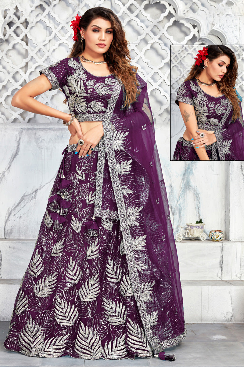 Purple Art Silk Coveted Lehenga With Embroidred Work