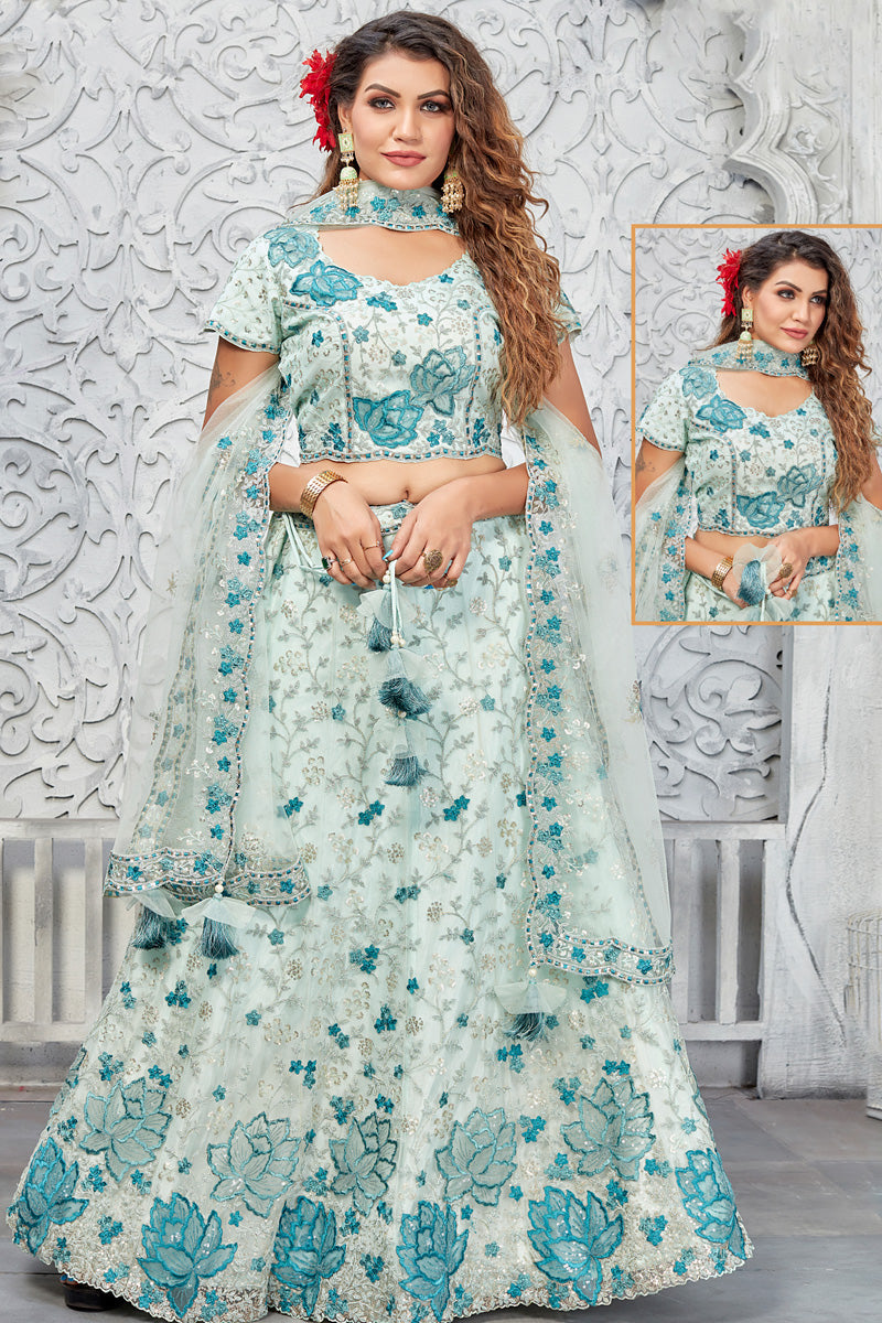 Net Fabric Function Look Wonderful Lehenga In Sea Green Color