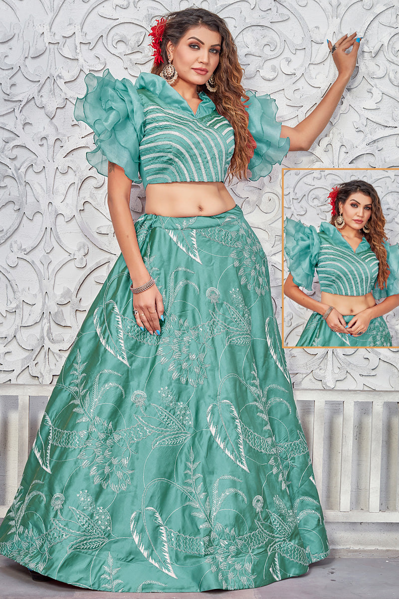 Art Silk Fabric Stunning Function Look Lehenga In Sea Green Color
