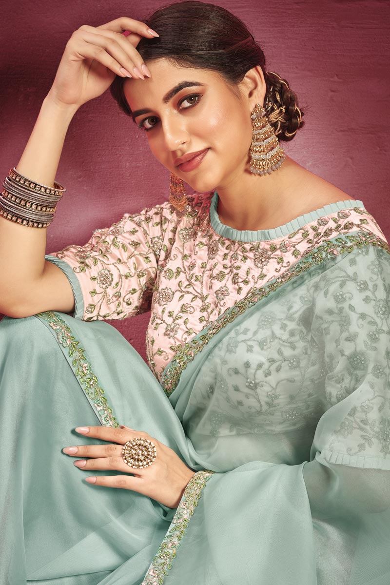 Organza Fabric Light Cyan Color Riveting Saree With Border Work