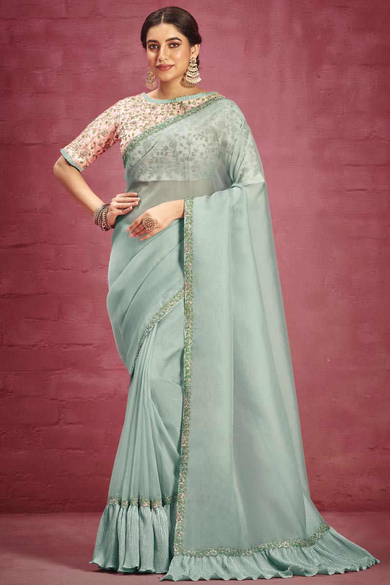Organza Fabric Light Cyan Color Riveting Saree With Border Work