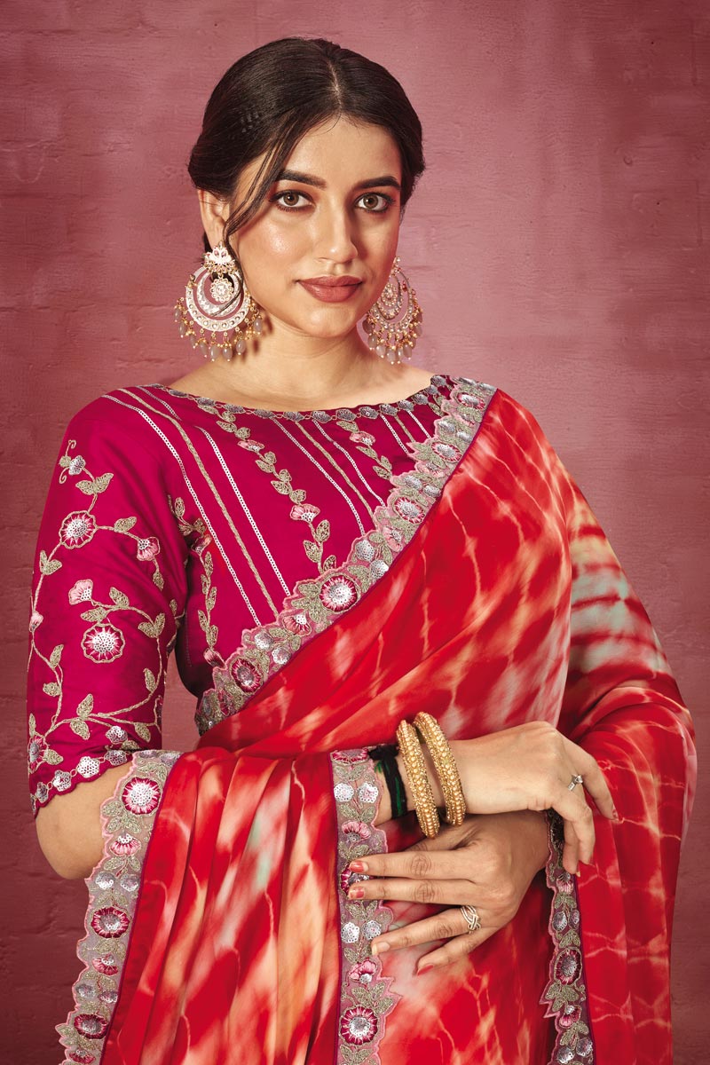 Georgette Fabric Red Color Excellent Saree With Border Work
