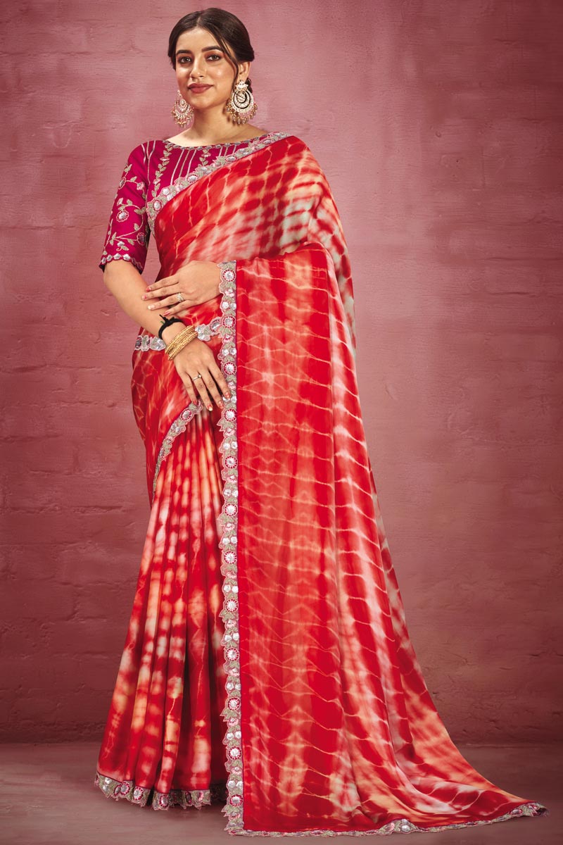 Georgette Fabric Red Color Excellent Saree With Border Work