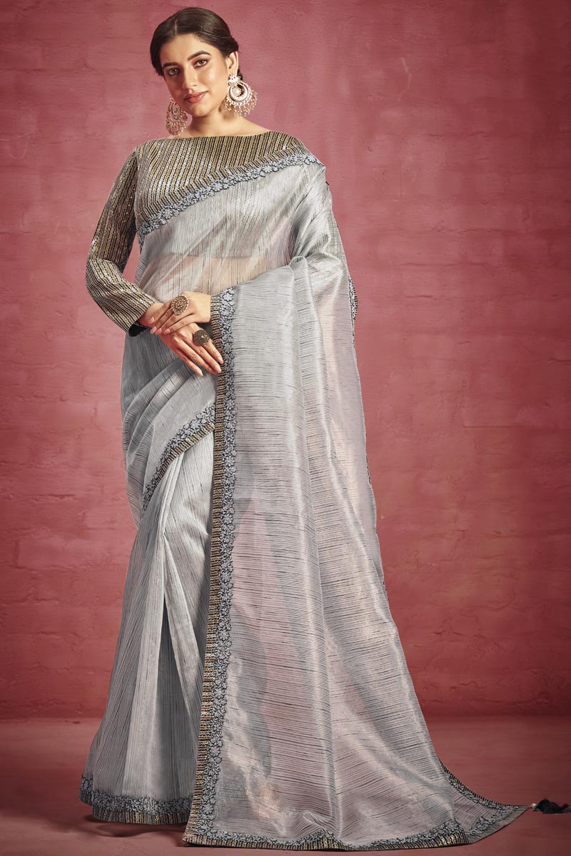 Border Work On Grey Color Organza Fabric Princely Saree