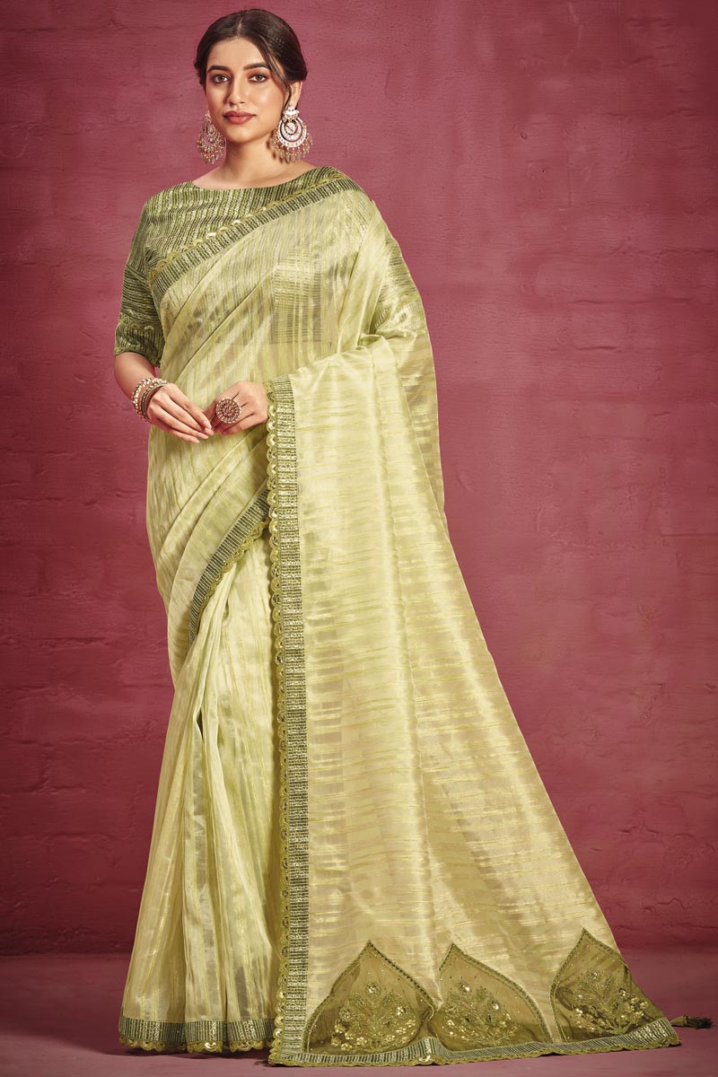 Green Color Organza Fabric Engaging Saree With Border Work