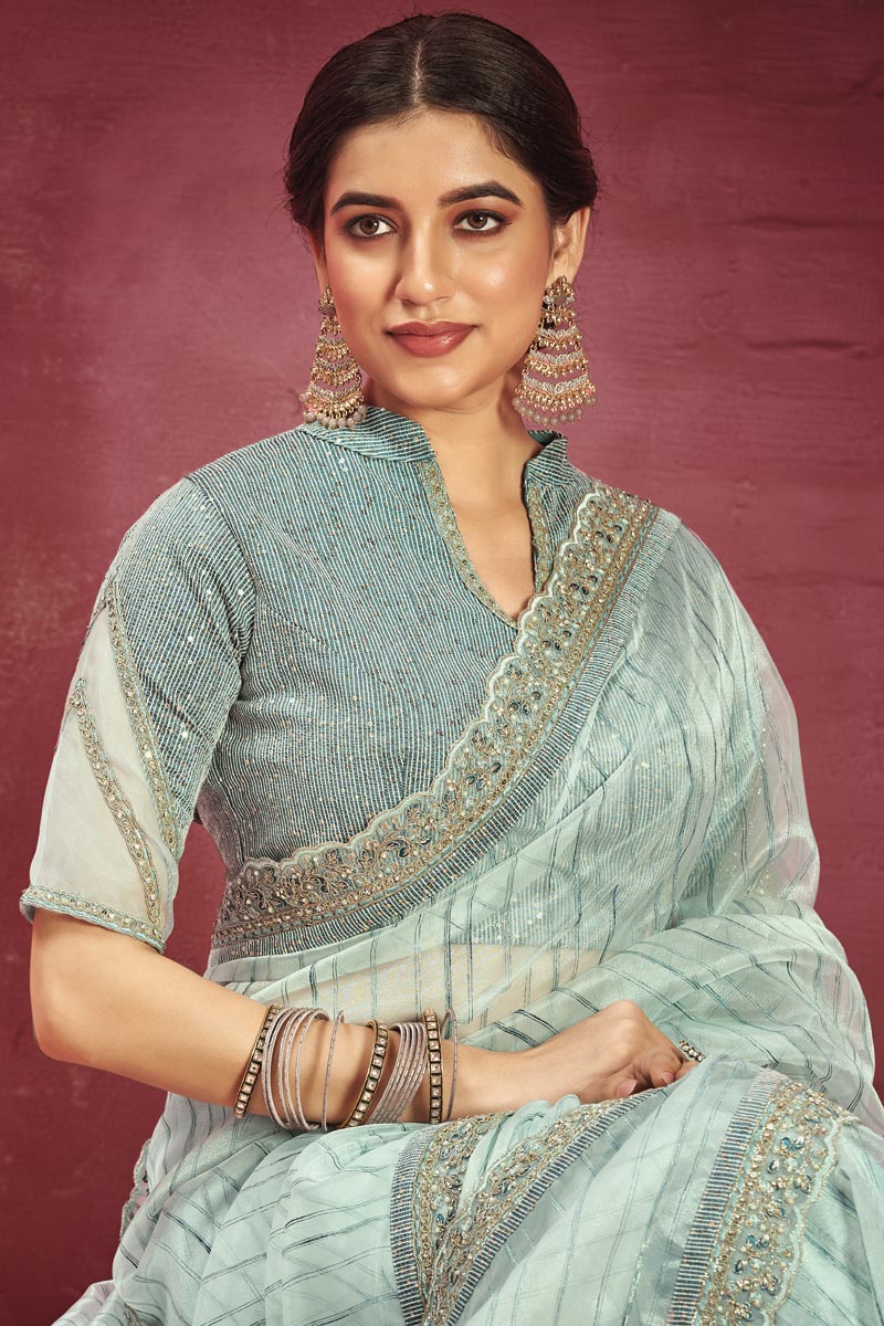 Creative Border Work On Sea Green Color Organza Fabric Saree