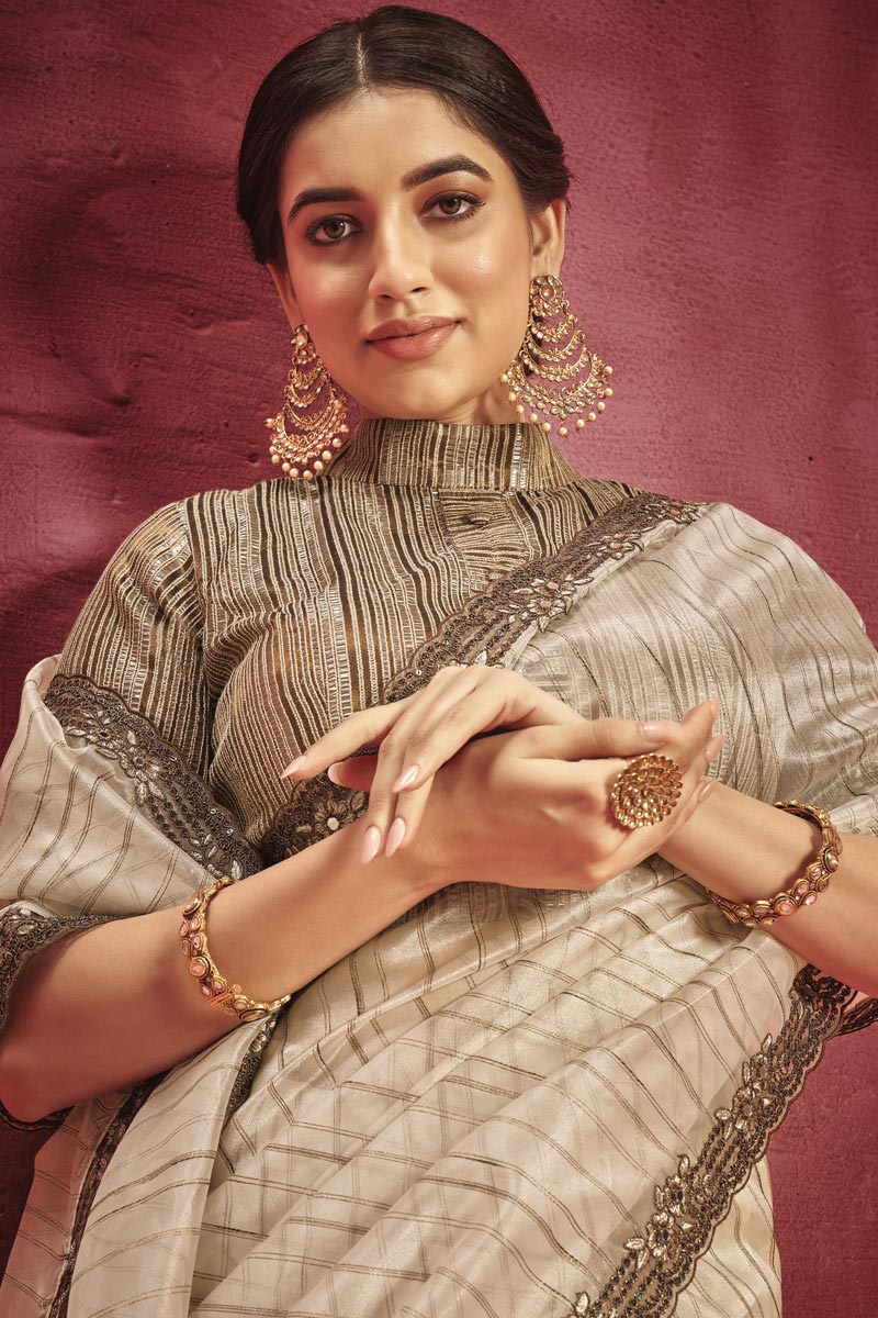 Beige Color Border Work On Organza Fabric Stunning Saree