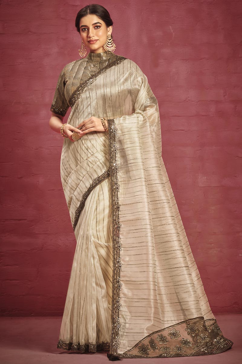 Beige Color Border Work On Organza Fabric Stunning Saree