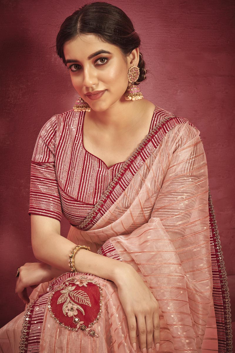 Peach Color Organza Fabric Special Saree With Border Work