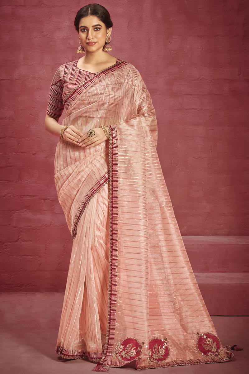 Peach Color Organza Fabric Special Saree With Border Work