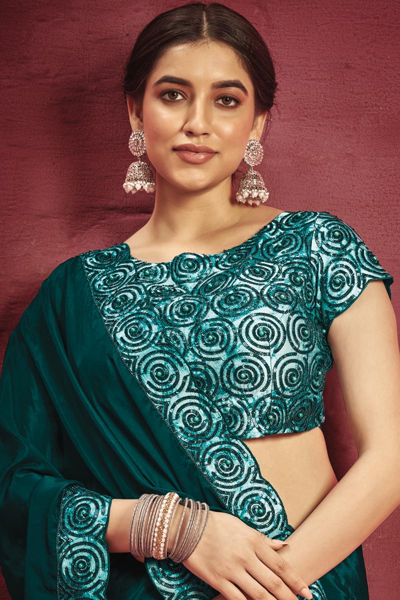 Crepe Fabric Teal Color Pleasance Saree With Border Work