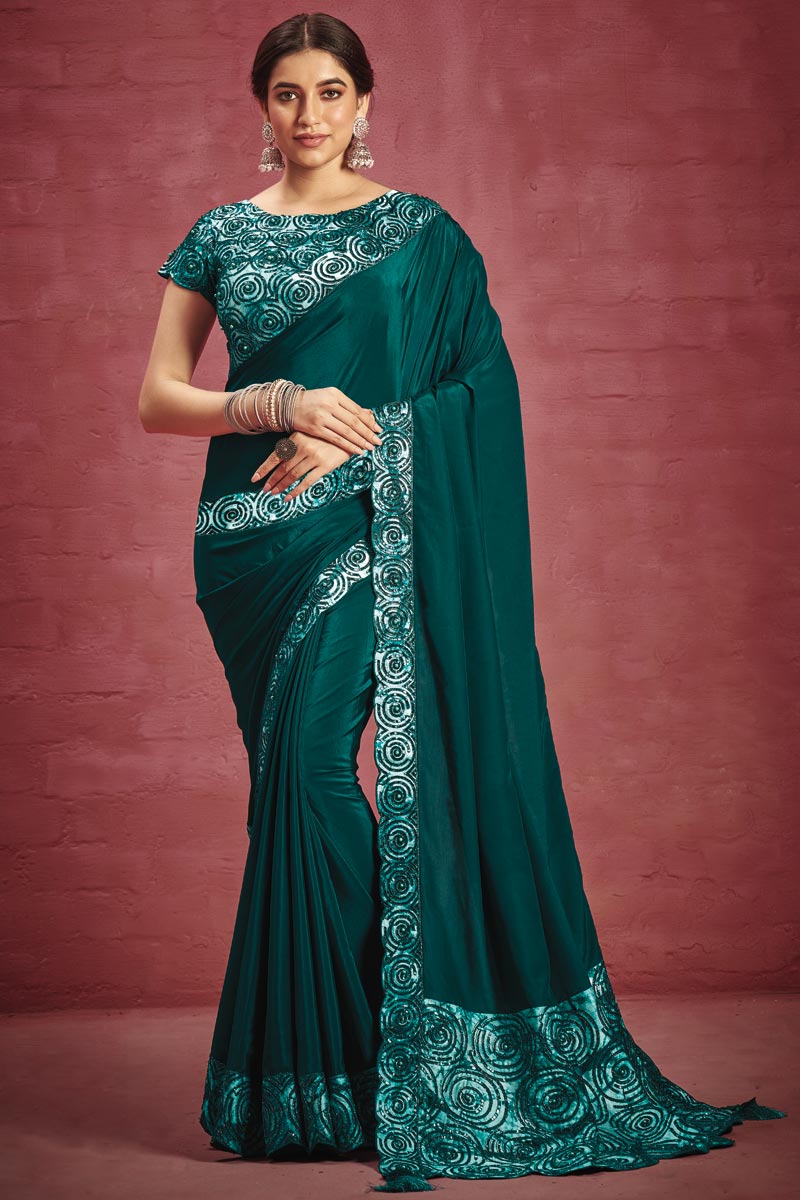 Crepe Fabric Teal Color Pleasance Saree With Border Work