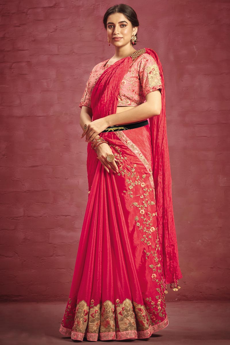 Embroidered Work On Crepe Fabric Bewitching Saree In Pink Color