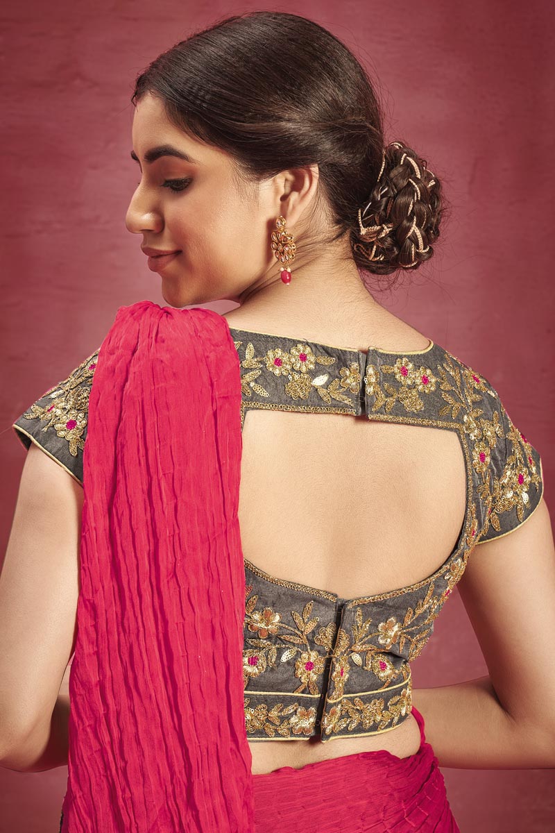 Grey Color Crepe Fabric Coveted Saree With Embroidered Work