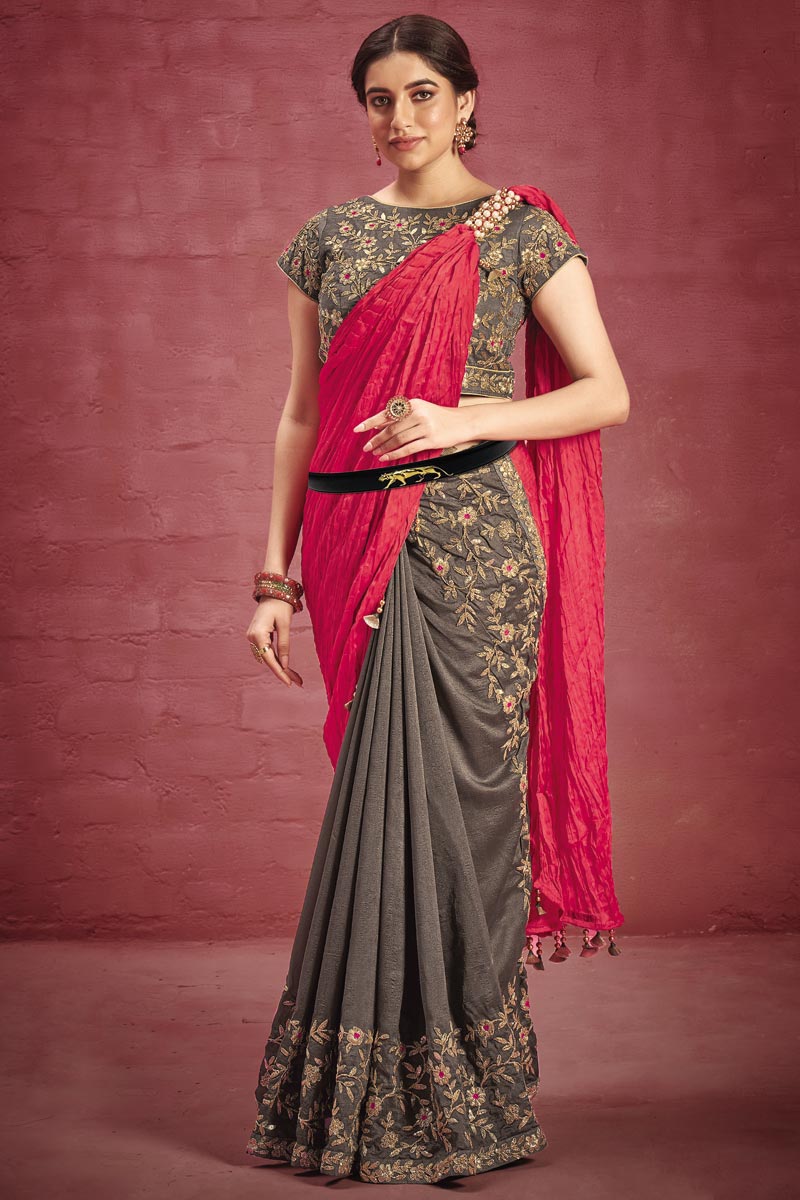 Grey Color Crepe Fabric Coveted Saree With Embroidered Work