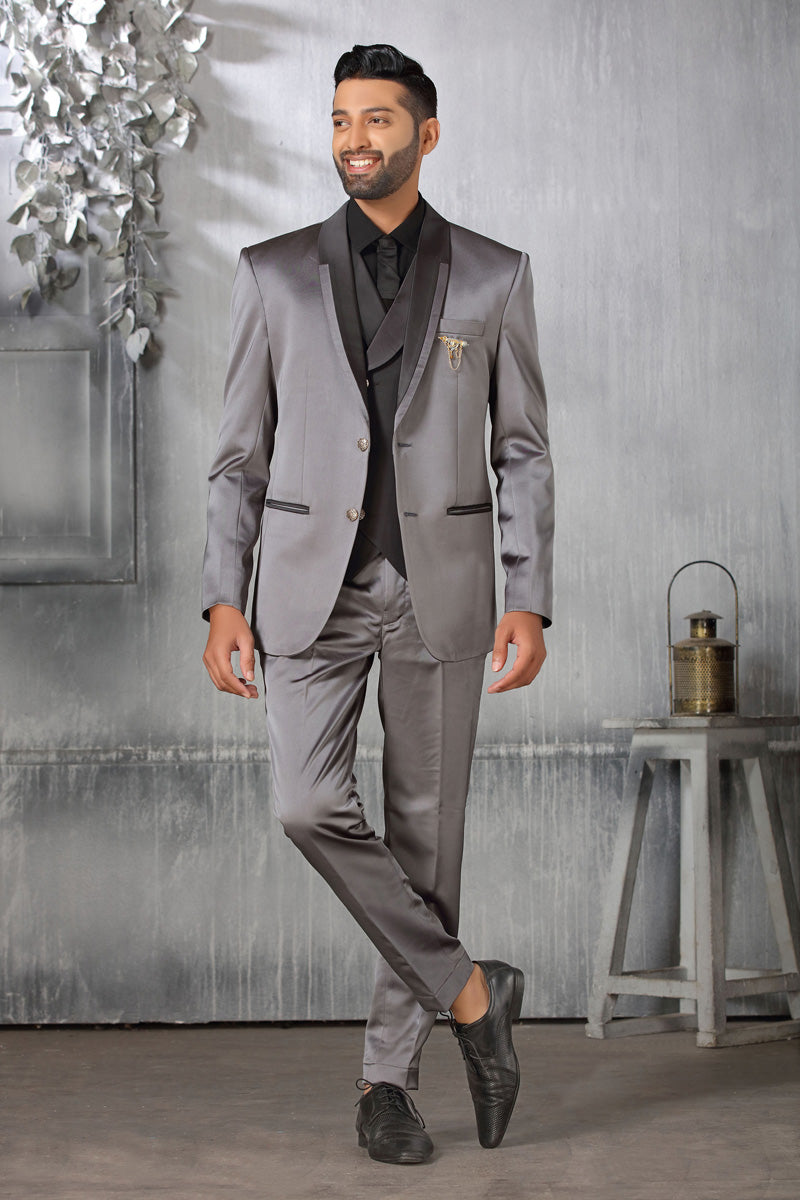 Fantastic Grey Satin Coat Suit