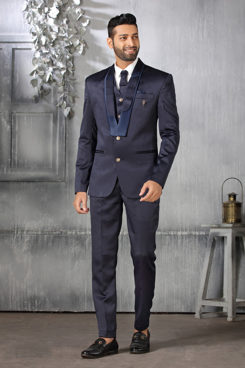 Sober Satin Coat Suit In Navy Blue Color