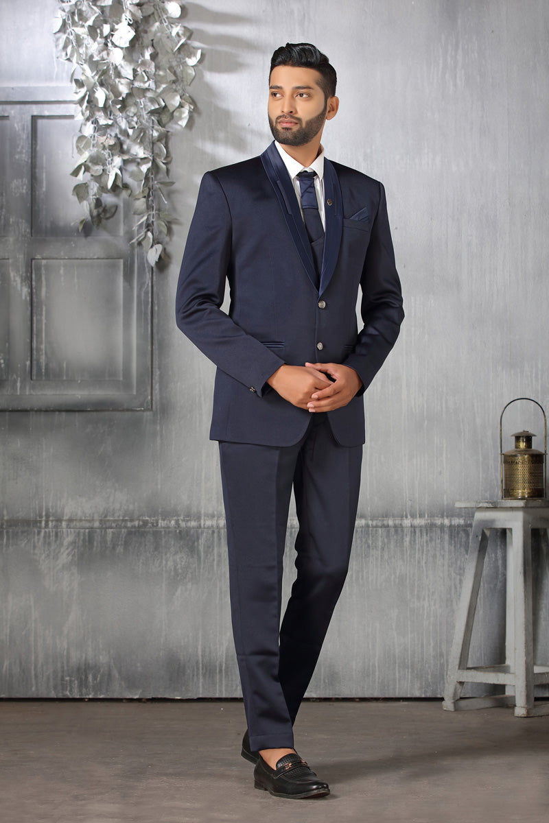 Captivating Satin Coat Suit In Navy Blue Color
