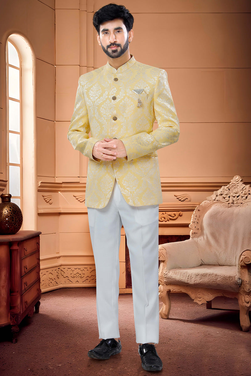 Engaging Yellow Readymade Jacquard Jodhpuri Suit
