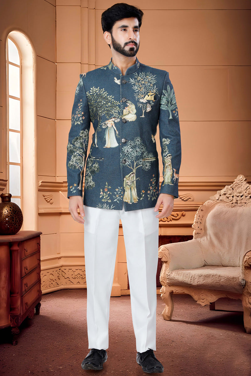 Captivating Cotton Readymade Blue Jodhpuri Suit