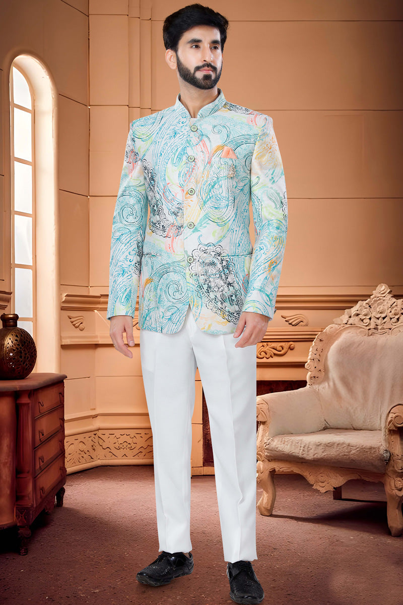 Fetching Satin Readymade Jodhpuri Suit In White Color