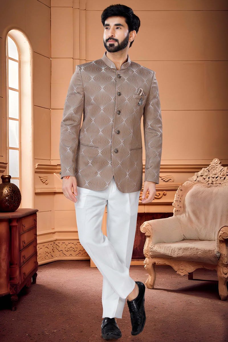 Stunning Brown Readymade Jodhpuri Suit In Jacquard