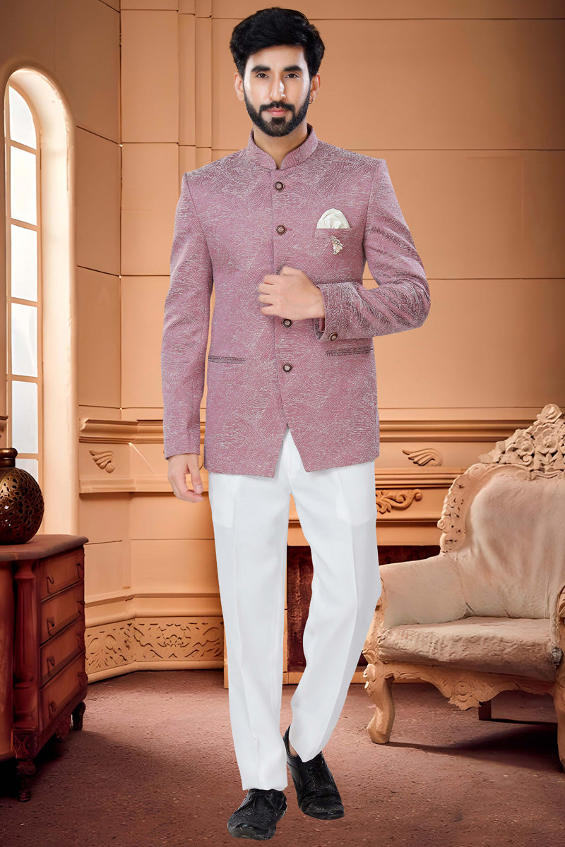 Striking Pink Jacquard Readymade Jodhpuri Suit