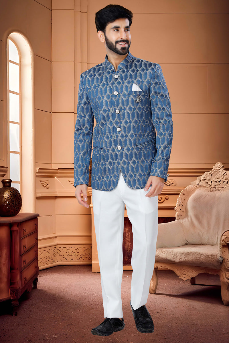 Dusky Blue Jacquard Readymade Jodhpuri Suit