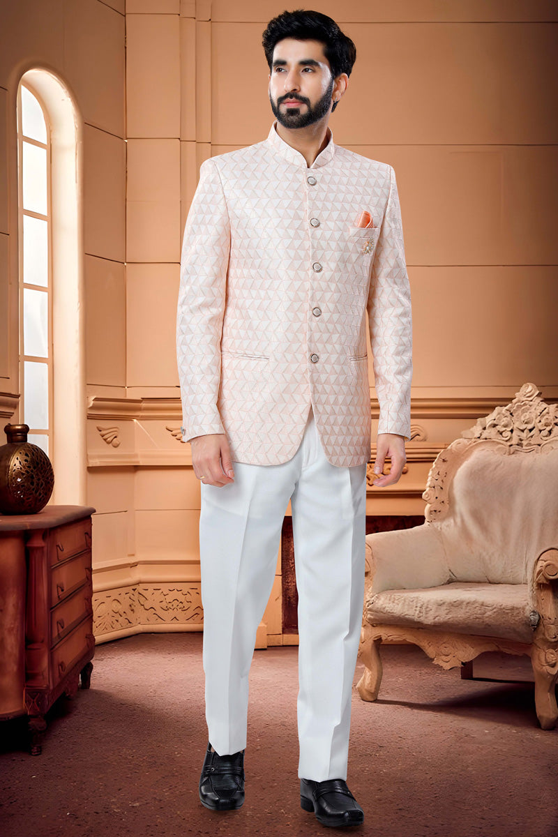 Vivacious Jacquard Readymade Jodhpuri Suit In Peach Color