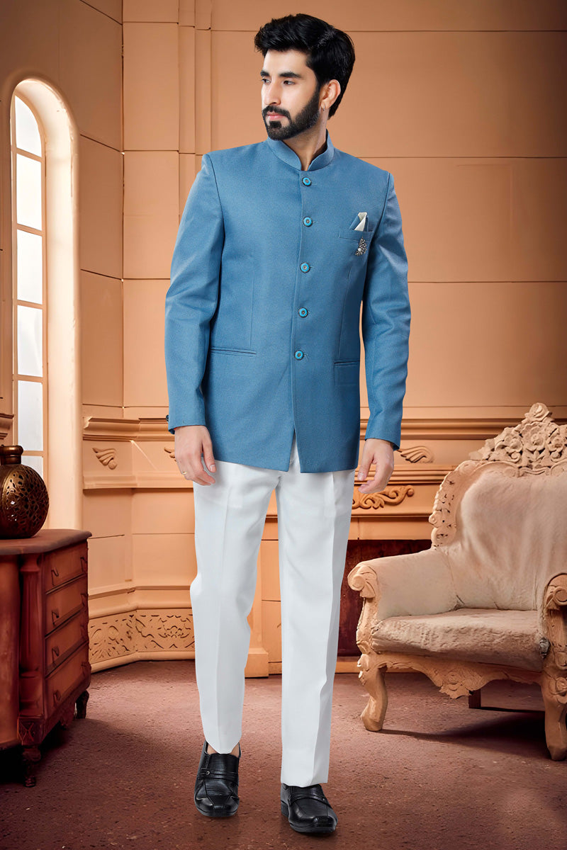 Blissful Cyan Rayon Jodhpuri Suit