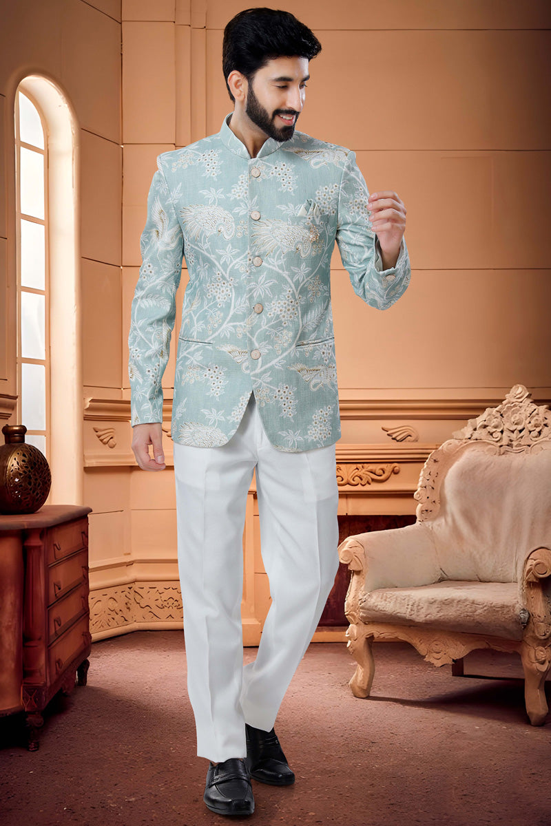 Attractive Blue Readymade Jodhpuri Suit In Cotton