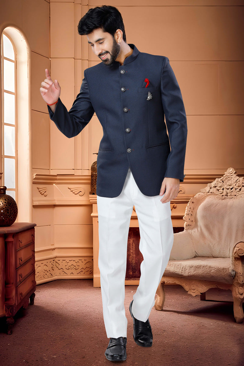 Splendiferous Navy Blue Rayon Jodhpuri Suit
