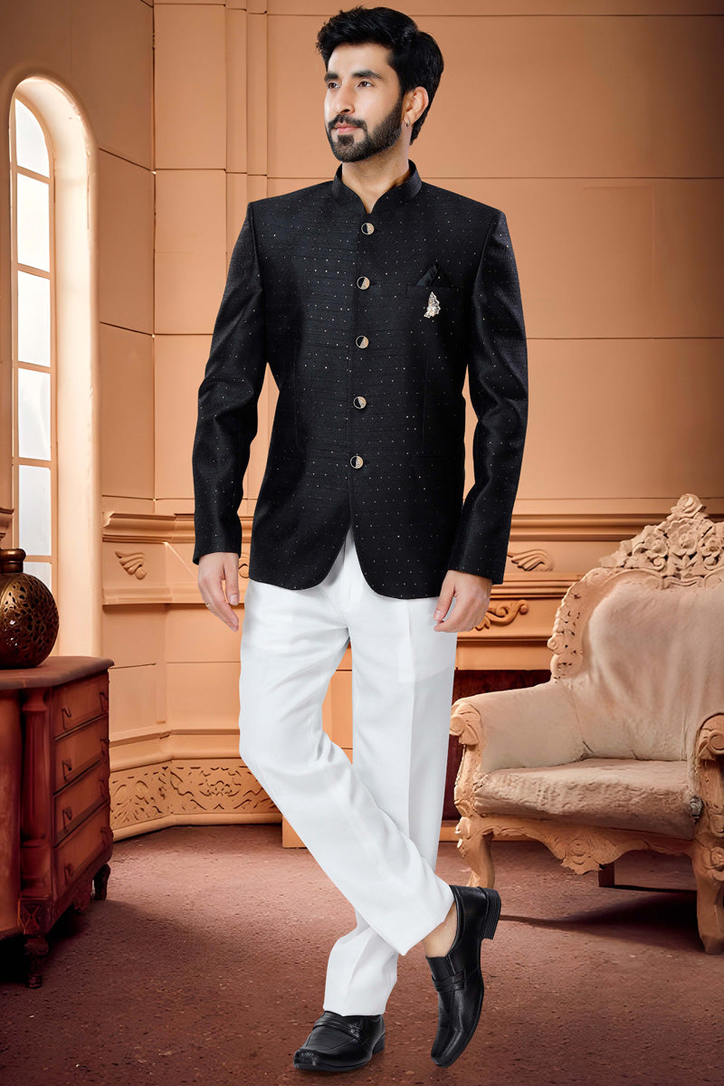 Readymade Majestic Black Jacquard Jodhpuri Suit