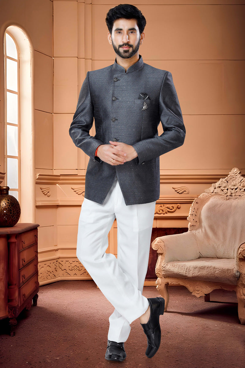 Fascinate Jacquard Jodhpuri Suit In Grey Color