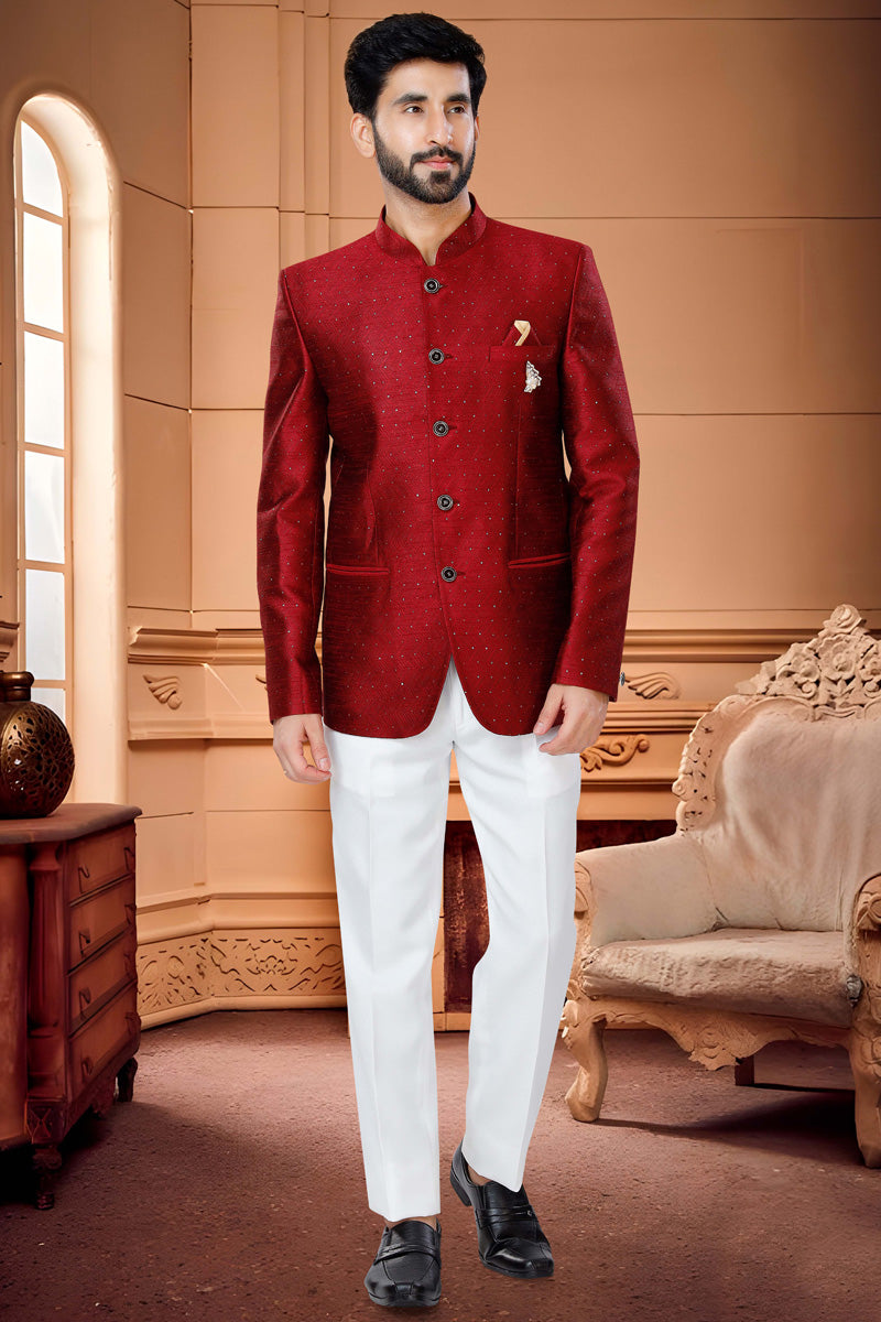 Remarkable Red Jacquard Jodhpuri Suit