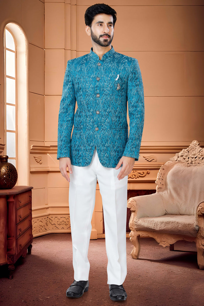 Sober Jacquard Jodhpuri Suit In Blue Color