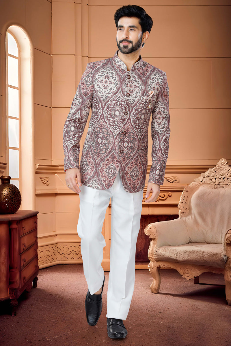 Graceful Rust Jacquard Readymade Jodhpuri Suit