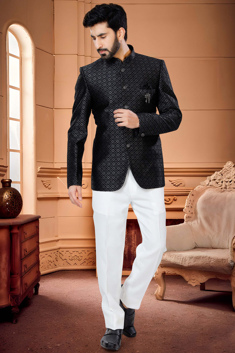 Trendy Textured Black Jacquard Jodhpuri Suit