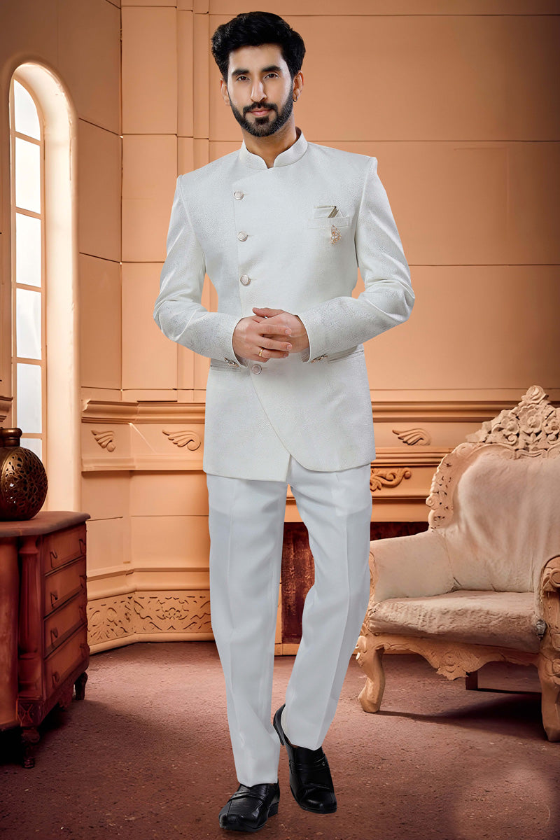 Intriguing White Readymade Jodhpuri Suit In Jacquard