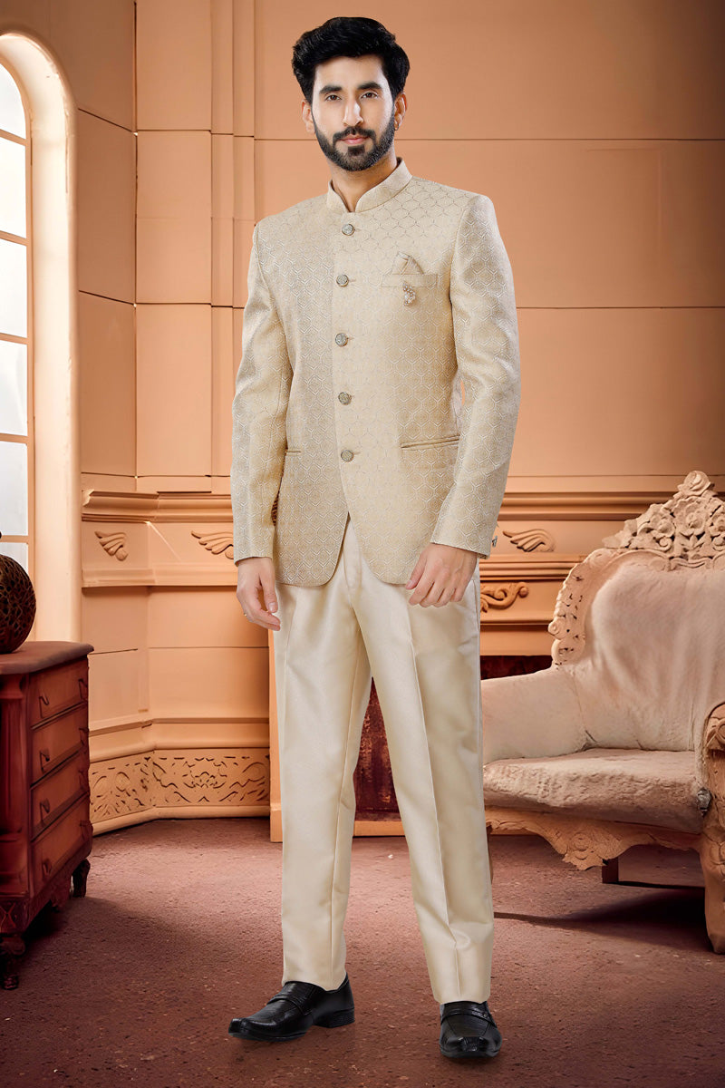 Readymade Beige Jacquard Royal Jodhpuri Suit