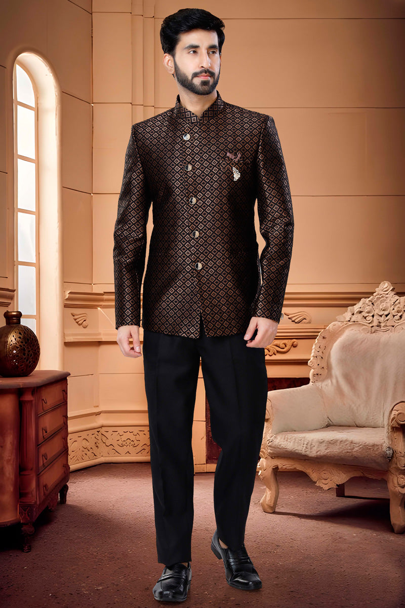 Brown Jacquard Engrossing Jodhpuri Suit