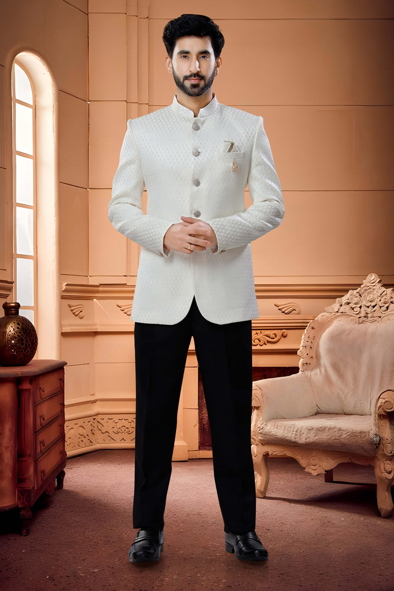 Engaging Cream Jacquard Readymade Jodhpuri Suit