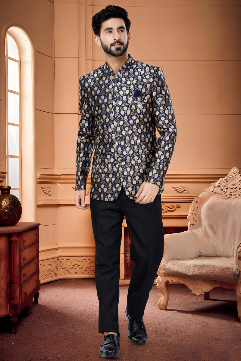 Enriching Navy Blue Jacquard Jodhpuri Suit