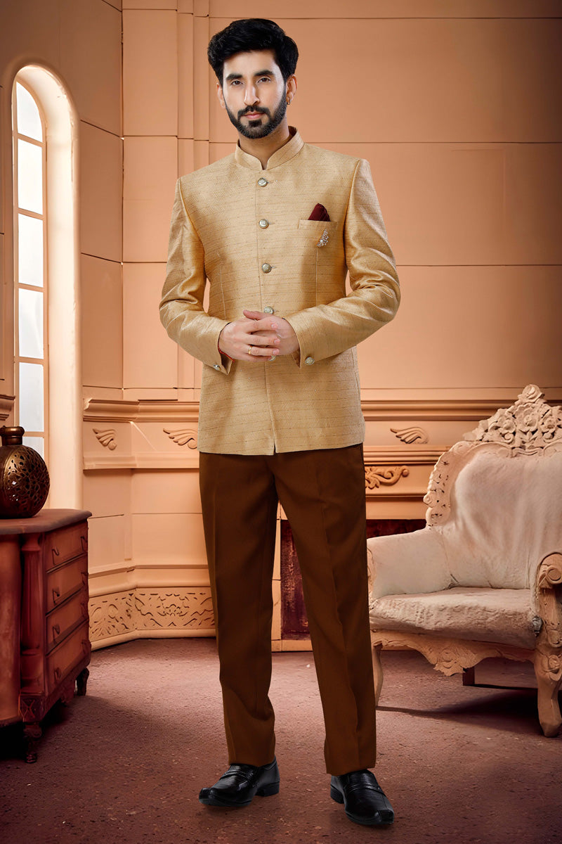Extravagant Golden Jacquard Readymade Jodhpuri Suit